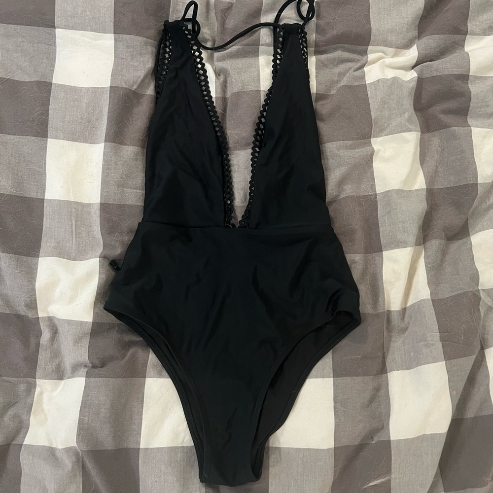 Aerie Deep V Black One Piece Swimsuit - Small